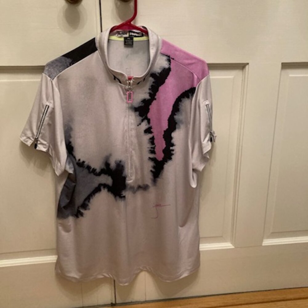 Jamie Sadock XXL Short Sleeve Shirt Pink Black Top 1/4 Zip Poly Blend EUC